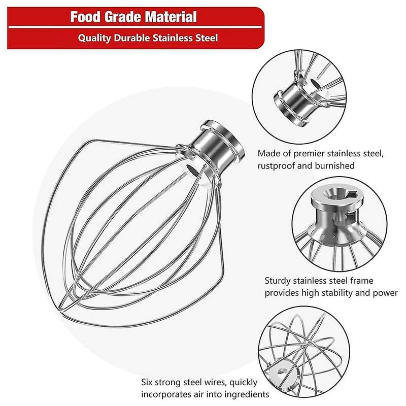 Stainless Steel 6-Wire Whip Attachment for Tilt Stand Mixer 4.5-5 Quart Bowl