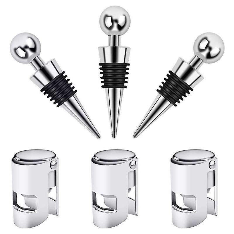 Stainless Steel Bottle Stopper 3 Pieces Wine Bottle Stopper with 3 Pcs Champagne Bottle Stopper Vac