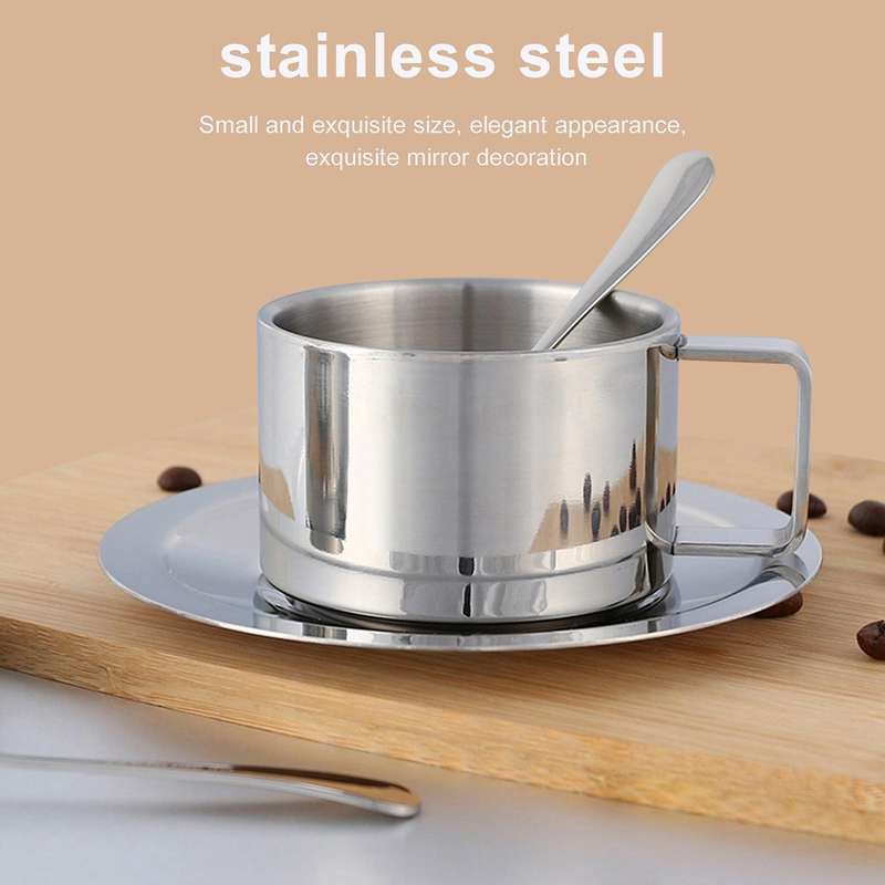Stainless Steel Cappuccino Coffee Mug Cups Double Wall Insulated Coffee Tea Cup with Saucer Spoon S