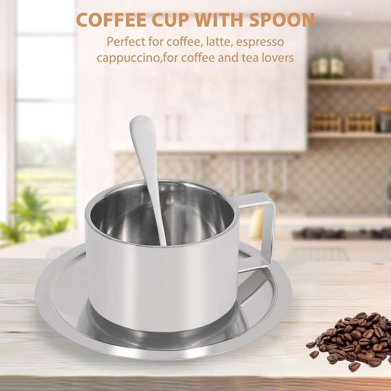 Stainless Steel Cappuccino Coffee Mug Cups Double Wall Insulated Coffee Tea Cup with Saucer Spoon S