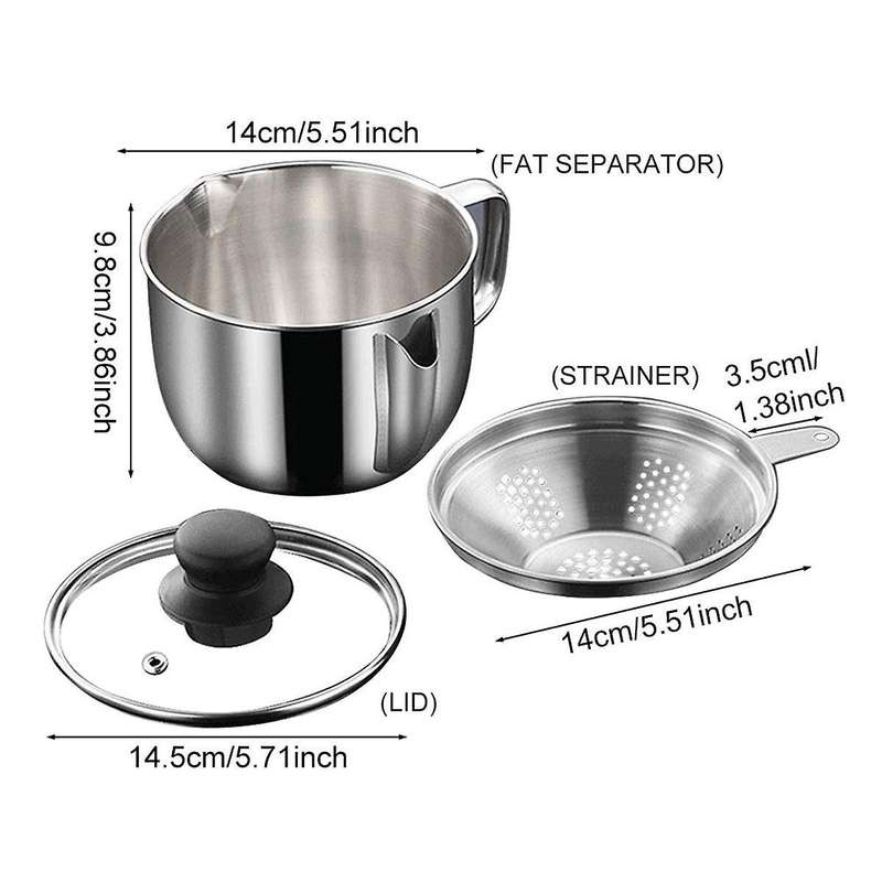 Stainless Steel Fat Separator 1L/4 Cup, Grease Separator with Strainer and Glass Lid, Soup Oil Separ