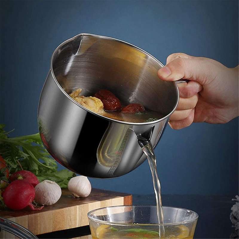 Stainless Steel Fat Separator 1L/4 Cup, Grease Separator with Strainer and Glass Lid, Soup Oil Separ