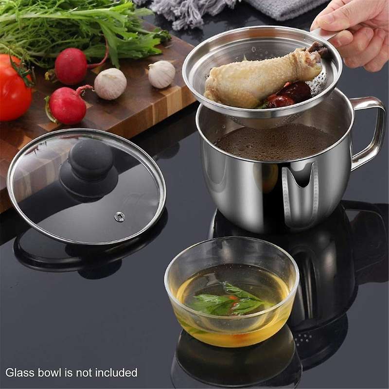 Stainless Steel Fat Separator 1L/4 Cup, Grease Separator with Strainer and Glass Lid, Soup Oil Separ