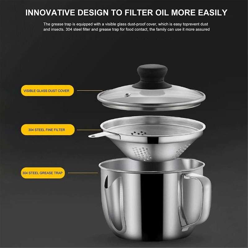 Stainless Steel Fat Separator 1L/4 Cup, Grease Separator with Strainer and Glass Lid, Soup Oil Separ