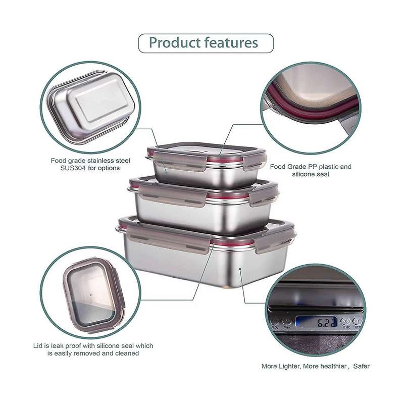 Stainless Steel Food Storage Containers, Food Grade Metal Food Boxes Lunch Bento Box Meal Prep Cont