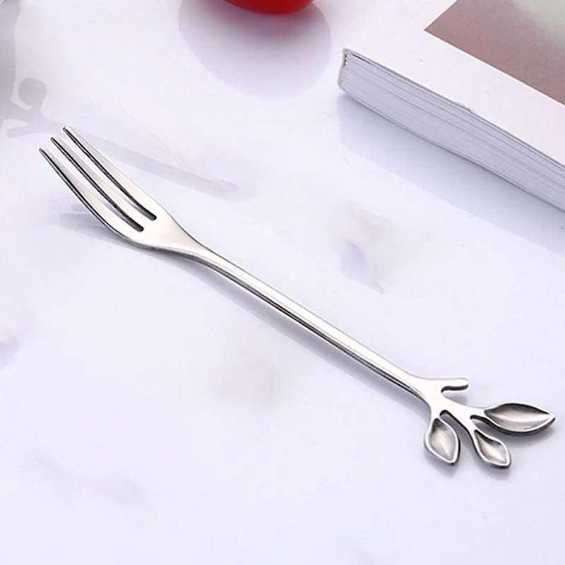 Stainless Steel Fork, Leaf-shaped Handle Dessert Fork Fruit Salad Meat Kitchen Accessories. Silver