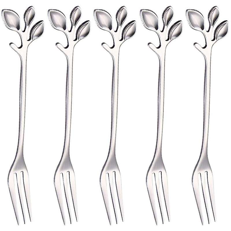 Stainless Steel Fork, Leaf-shaped Handle Dessert Fork Fruit Salad Meat Kitchen Accessories. Silver