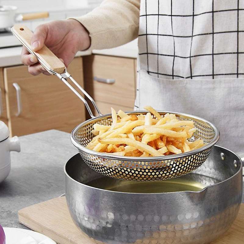 Stainless Steel Heavy-Duty Wooden Handle Deep-Fried Food Frying Filter Colander B