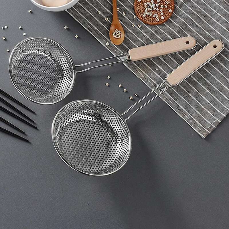 Stainless Steel Heavy-Duty Wooden Handle Deep-Fried Food Frying Filter Colander B