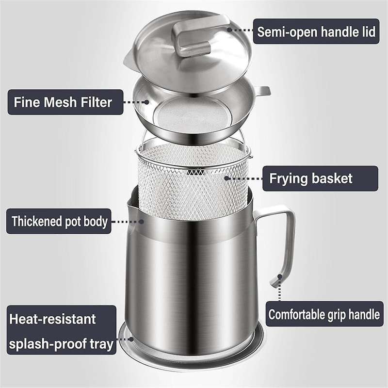Stainless Steel Oil Filter Pot Bacon Grease Container 1.8L Oil Fryer and Filter Cup Combo with Fryin