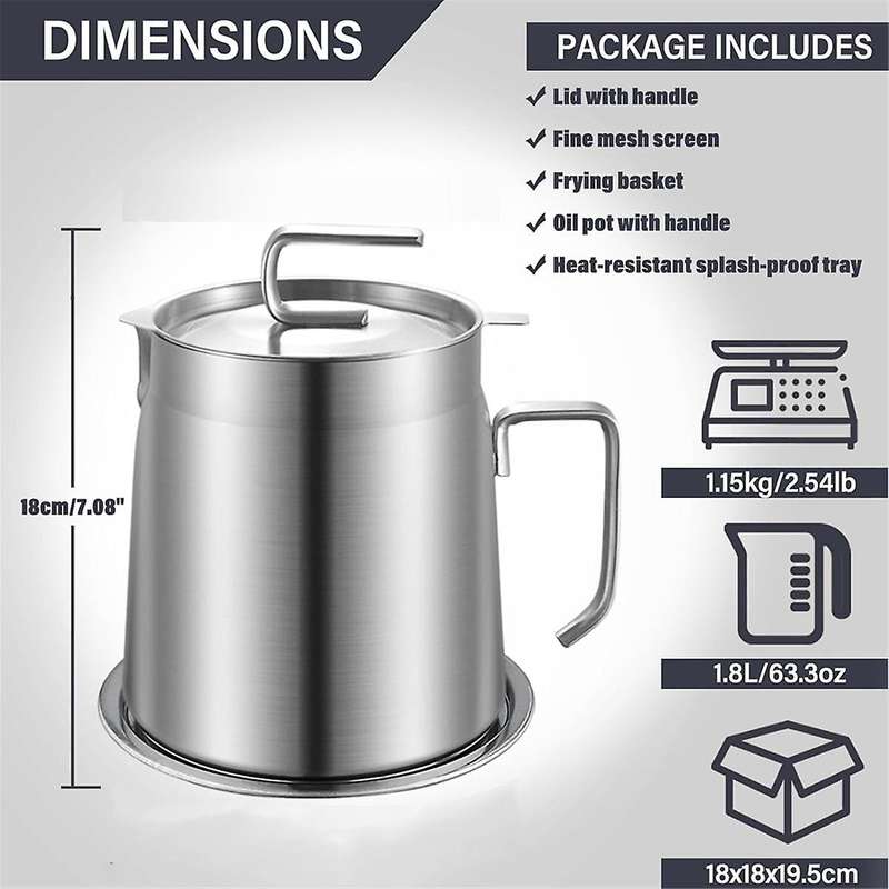 Stainless Steel Oil Filter Pot Bacon Grease Container 1.8L Oil Fryer and Filter Cup Combo with Fryin