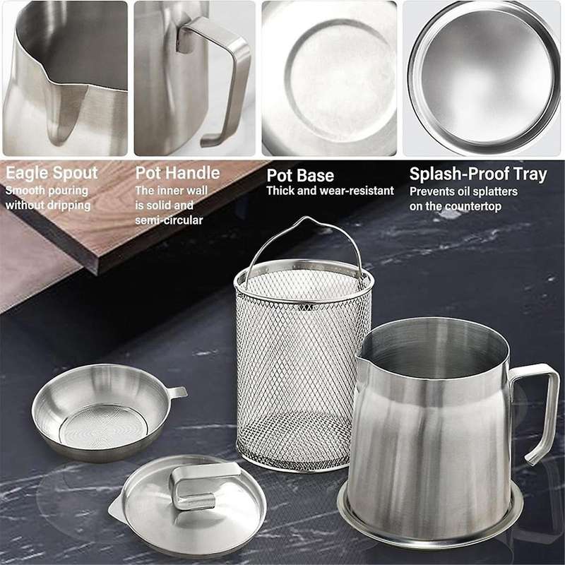 Stainless Steel Oil Filter Pot Bacon Grease Container 1.8L Oil Fryer and Filter Cup Combo with Fryin