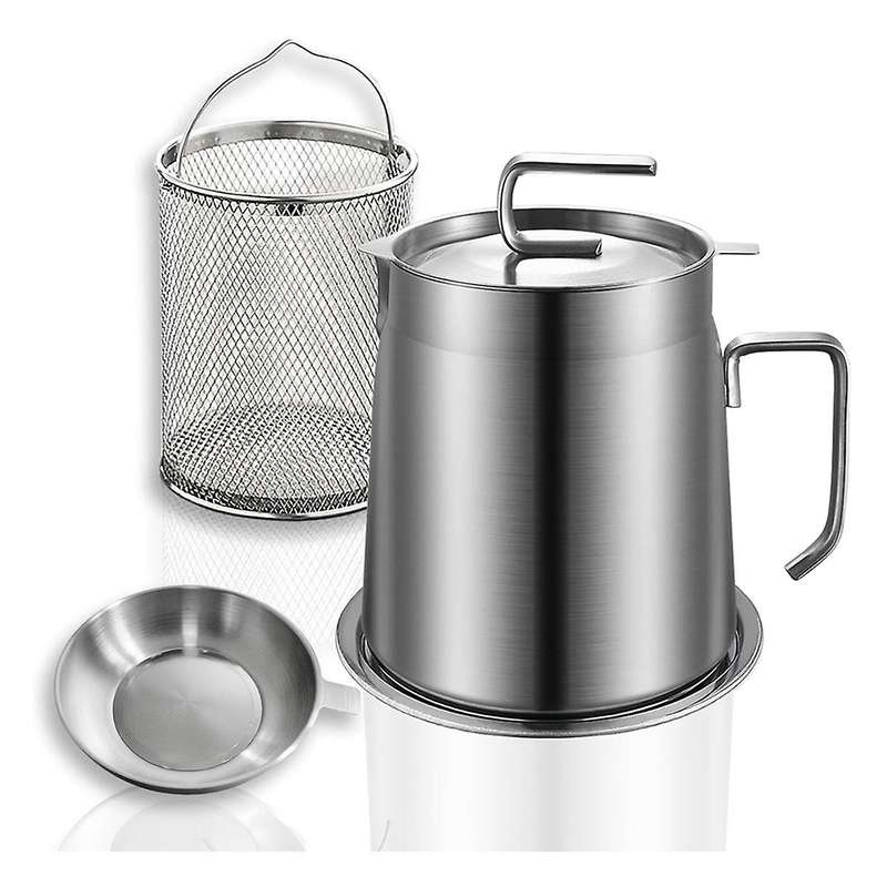 Stainless Steel Oil Filter Pot Bacon Grease Container 1.8L Oil Fryer and Filter Cup Combo with Fryin