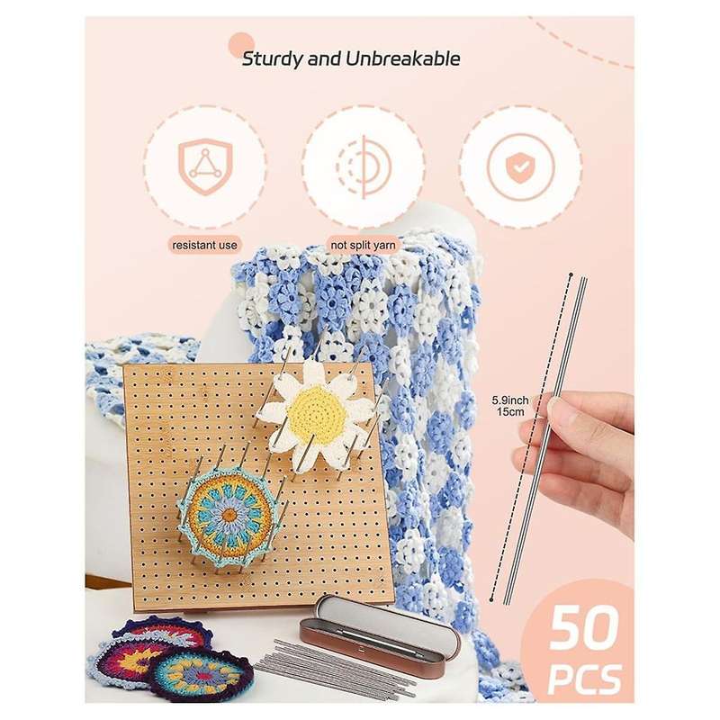 Stainless Steel Rods for Crochet Block Boards, 50Pc Steel Pins of 3mm in Diameter with Storage Case,