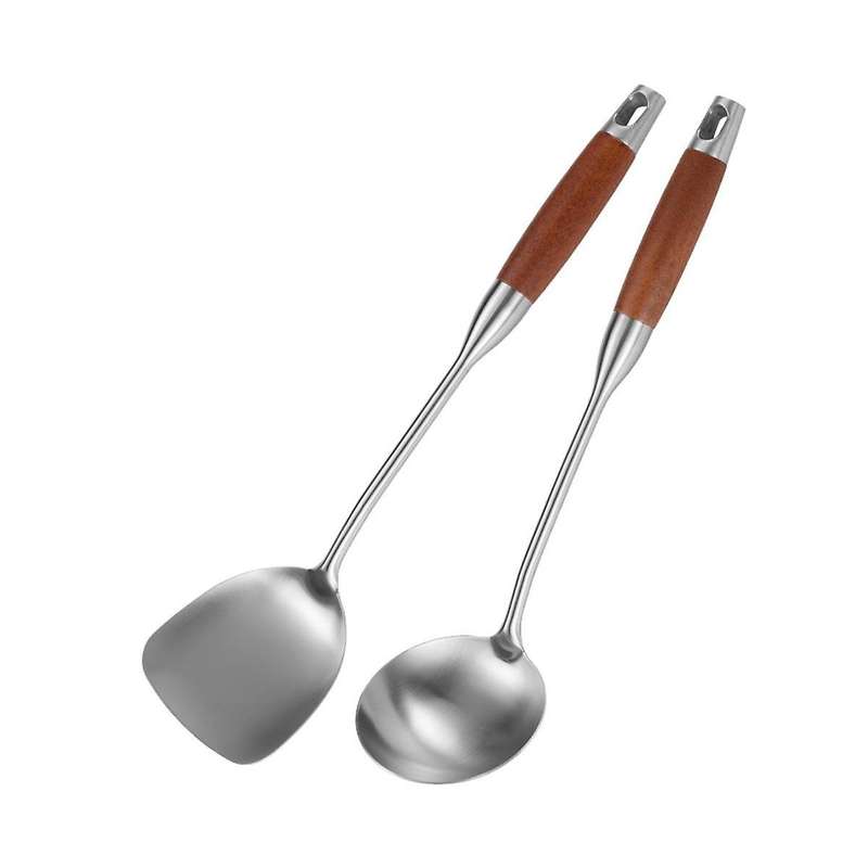 Stainless Steel Spatula for Carbon Steel, Stainless Steel Wok Spatula Metal, Wok Tools Set, Wooden H