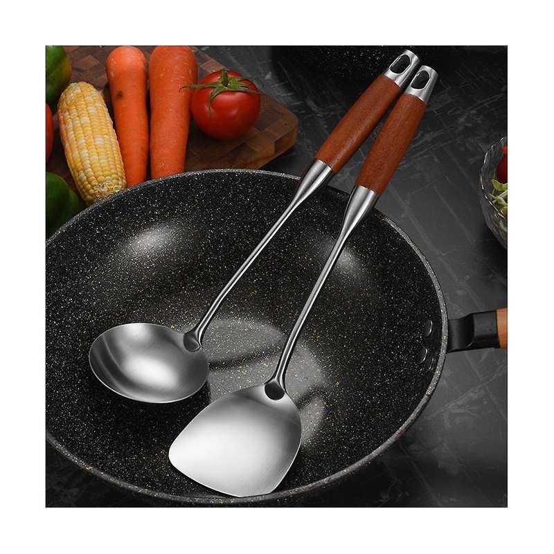 Stainless Steel Spatula for Carbon Steel, Stainless Steel Wok Spatula Metal, Wok Tools Set, Wooden H