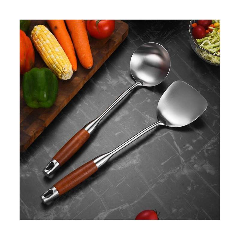 Stainless Steel Spatula for Carbon Steel, Stainless Steel Wok Spatula Metal, Wok Tools Set, Wooden H