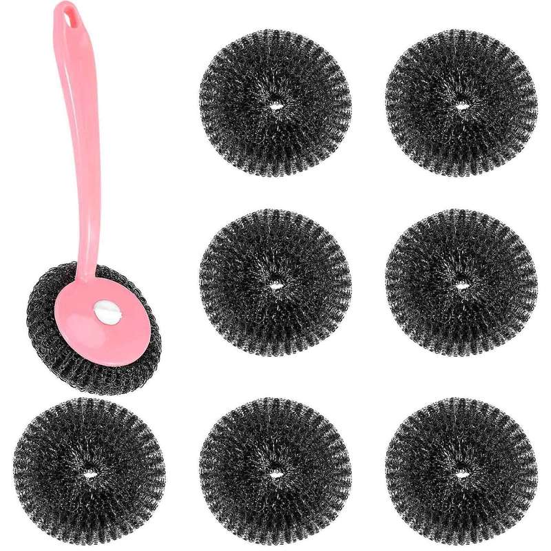 Stainless Steel Sponges Scourer Set with Handle Pack of 8,for Cookware,Pot Brush,Stovetops,Removing