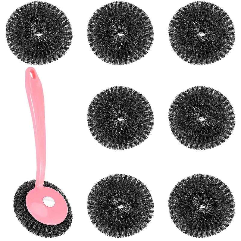 Stainless Steel Sponges Scourer Set with Handle Pack of 8,for Cookware,Pot Brush,Stovetops,Removing