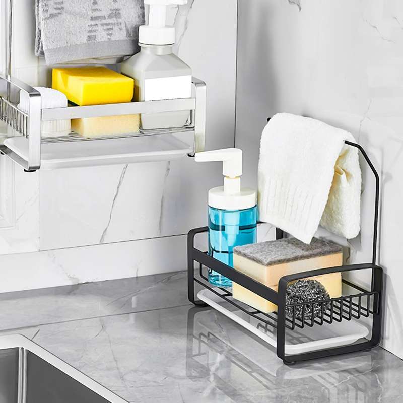 Stainless Steel Sponge Holder with Dishcloth Drying Rack, Kitchen Sink Organizer Tray Sponge Brush