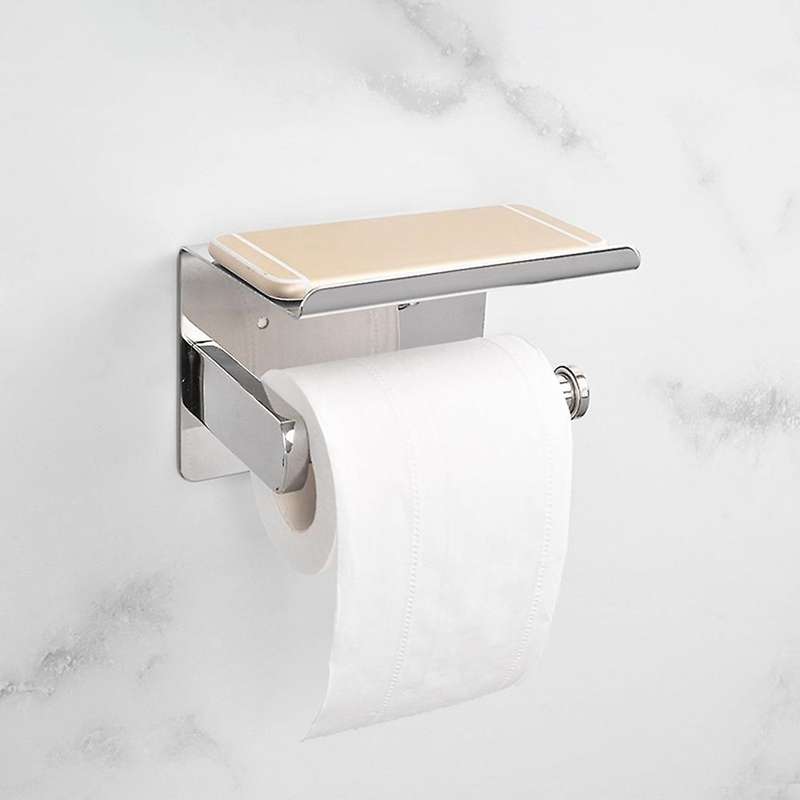 Stainless Steel Wall Mounted Paper Holder Bathroom Self-Adhesive Tissue Rack with Mobile Phone Hold