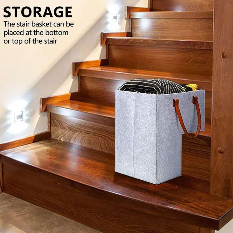 Stair Basket with Leather Handles Internal Support for 16 Inch Carpeted Stairs Organizer Felt Basket