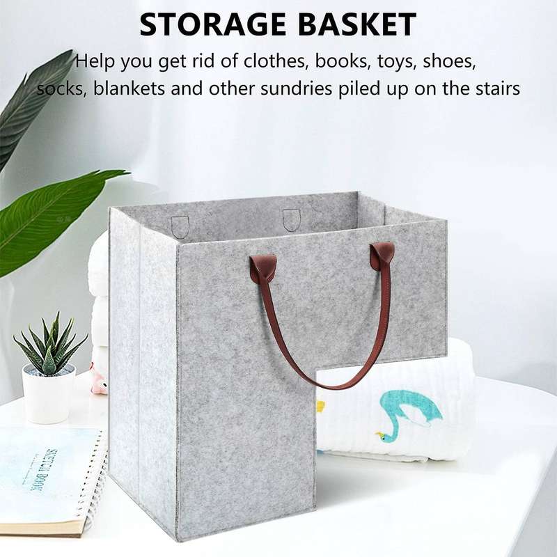 Stair Basket with Leather Handles Internal Support for 16 Inch Carpeted Stairs Organizer Felt Basket