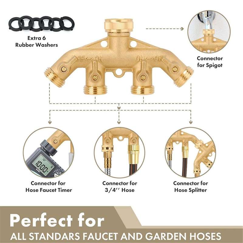 Star 4 Way Heavy Duty Brass Garden Hose Splitter,3/4inch Garden Hose Fitting Quick Connectors Female