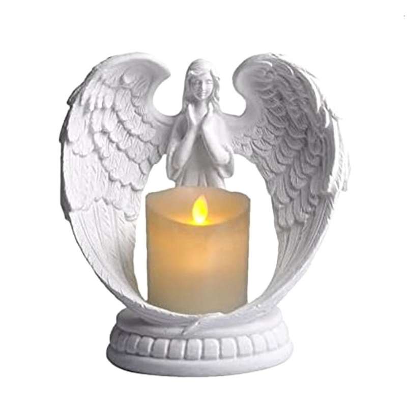 Starry White Angel Wing Praying Sandstone Statue Angel Figurine Prayer Home Decoration Memorial Led