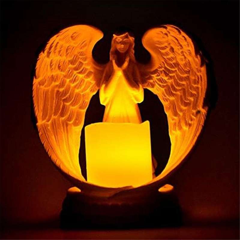 Starry White Angel Wing Praying Sandstone Statue Angel Figurine Prayer Home Decoration Memorial Led