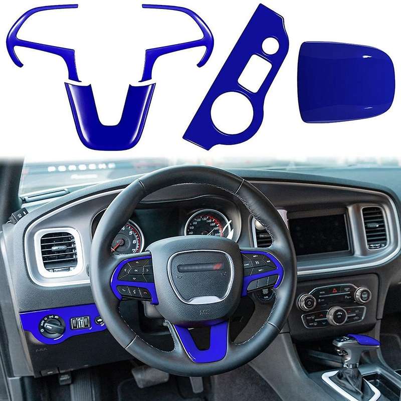Steering Wheel Frame Trim & Headlight Switch Panel & Gear Shift Trim Knob 2015-2021 for Charger (Blu