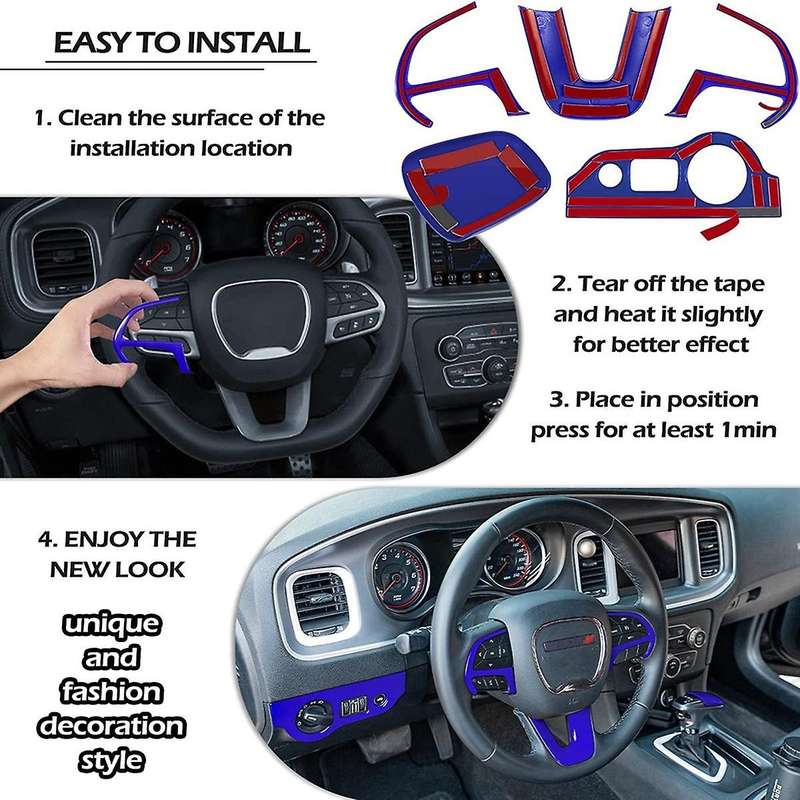 Steering Wheel Frame Trim & Headlight Switch Panel & Gear Shift Trim Knob 2015-2021 for Charger (Blu