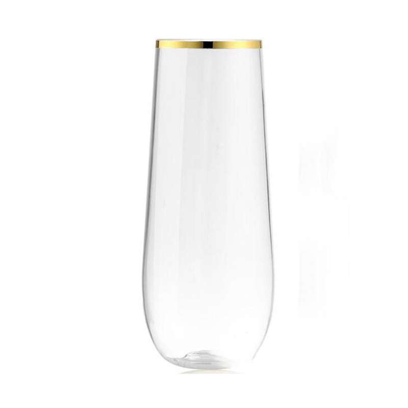 Stemless Plastic Champagne Glass Disposable 9 Oz Gold Rim Clear Plastic Toasting Glasses Shatterpro