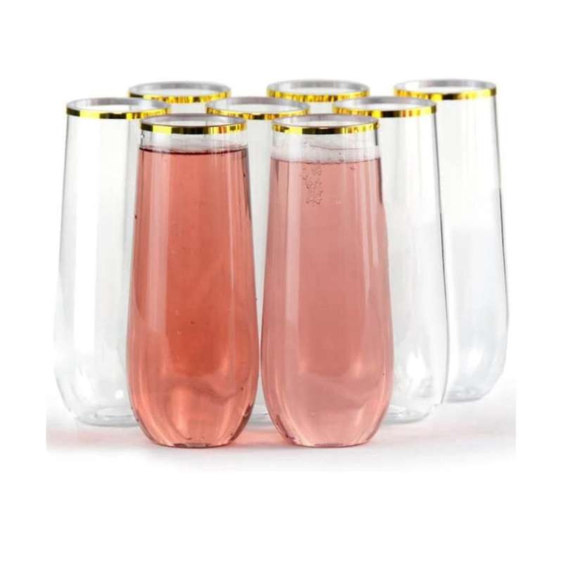 Stemless Plastic Champagne Glass Disposable 9 Oz Gold Rim Clear Plastic Toasting Glasses Shatterpro