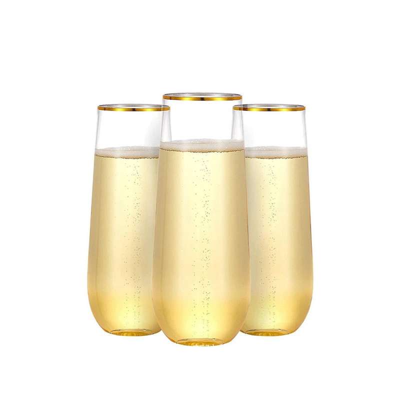 Stemless Plastic Champagne Glass Disposable 9 Oz Gold Rim Clear Plastic Toasting Glasses Shatterpro