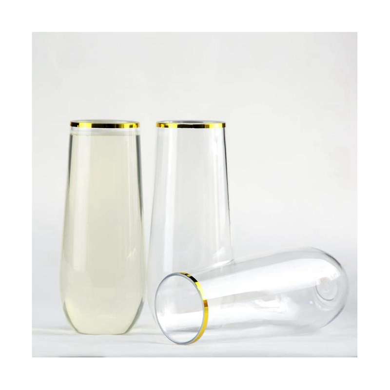 Stemless Plastic Champagne Glass Disposable 9 Oz Gold Rim Clear Plastic Toasting Glasses Shatterpro