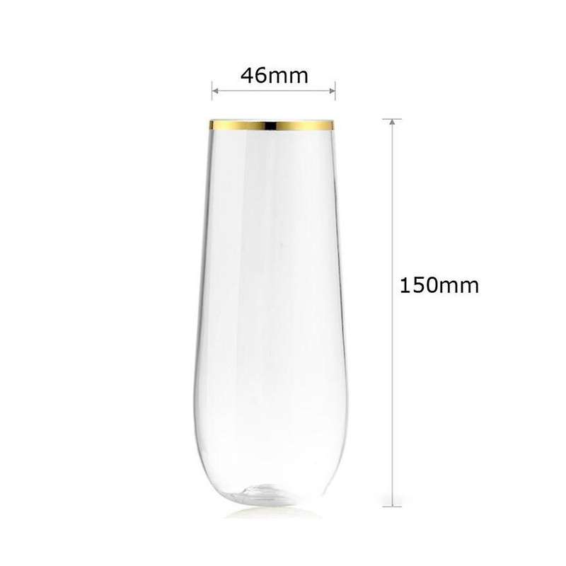 Stemless Plastic Champagne Glass Disposable 9 Oz Gold Rim Clear Plastic Toasting Glasses Shatterpro