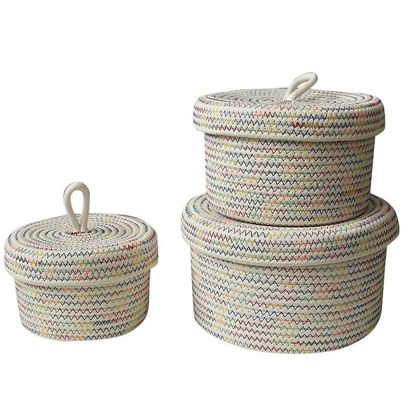 Storage Baskets with Lids - Set of 3 Decorative Baskets for Shelves and Coffee Table - Natural Cotto