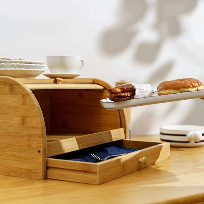 Storage Box Bamboo Bread Box Bins with Cutting Board Food Containers Big Drawer Kitchen Organizer Ho
