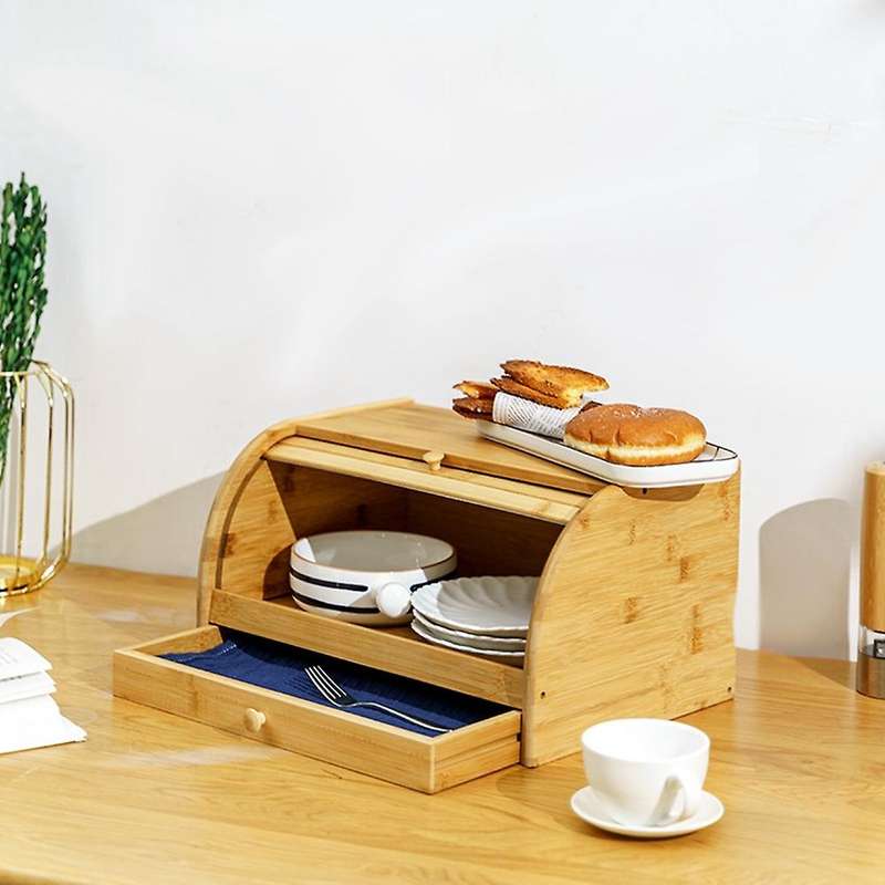 Storage Box Bamboo Bread Box Bins with Cutting Board Food Containers Big Drawer Kitchen Organizer Ho