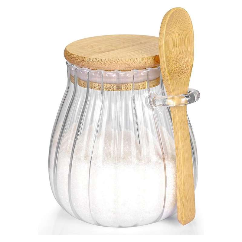 Sugar Container with Bamboo Lid and Spoon, Glass Jar for Coffee Bar Accessories Coffee Canister Kit