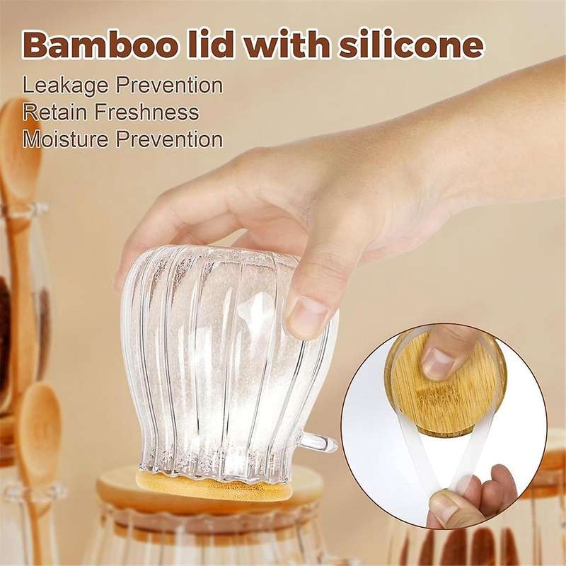 Sugar Container with Bamboo Lid and Spoon, Glass Jar for Coffee Bar Accessories Coffee Canister Kit