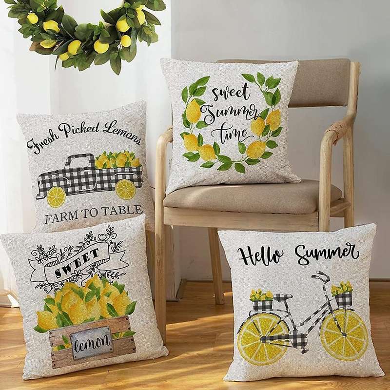 Summer Pillow Covers 18X18 Set of 4 Lemon Farmhouse Throw Pillows Cases Outdoor Pillow Decorations f