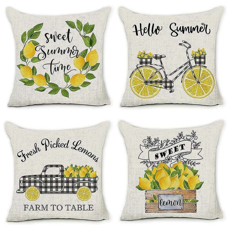 Summer Pillow Covers 18X18 Set of 4 Lemon Farmhouse Throw Pillows Cases Outdoor Pillow Decorations f