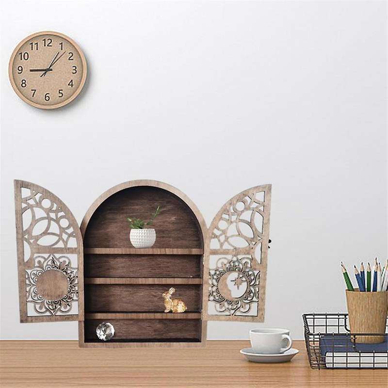 Sun Moon Crystal Display Stand 4 Shelves Natural Wooden Shelf Gothic Witchy Crystal Display Case for
