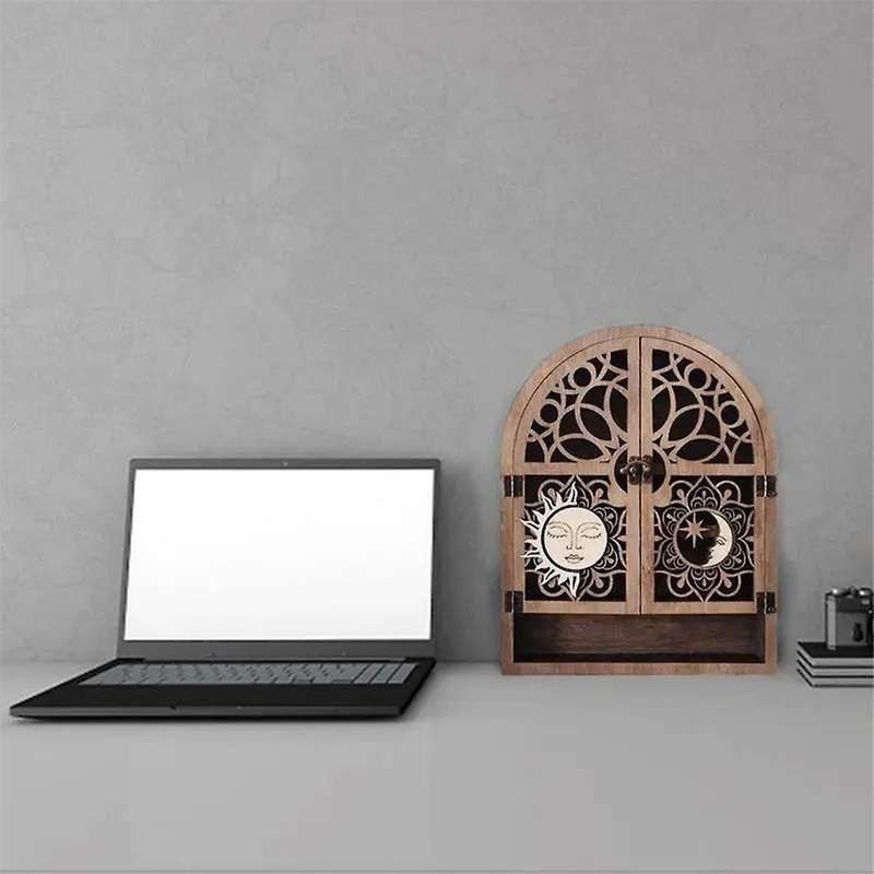 Sun Moon Crystal Display Stand 4 Shelves Natural Wooden Shelf Gothic Witchy Crystal Display Case for