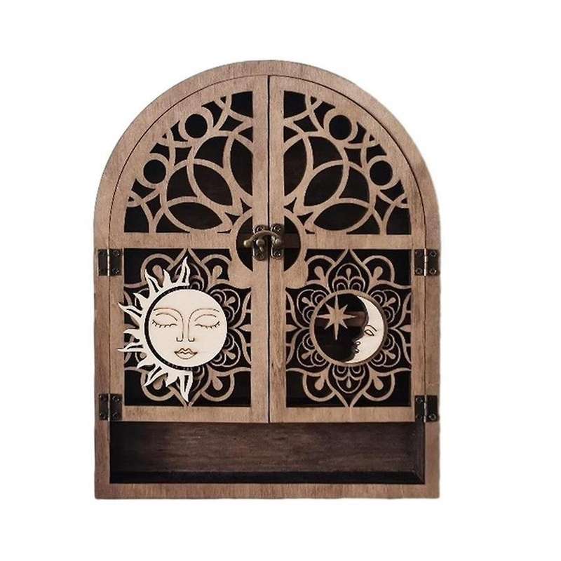 Sun Moon Crystal Display Stand 4 Shelves Natural Wooden Shelf Gothic Witchy Crystal Display Case for