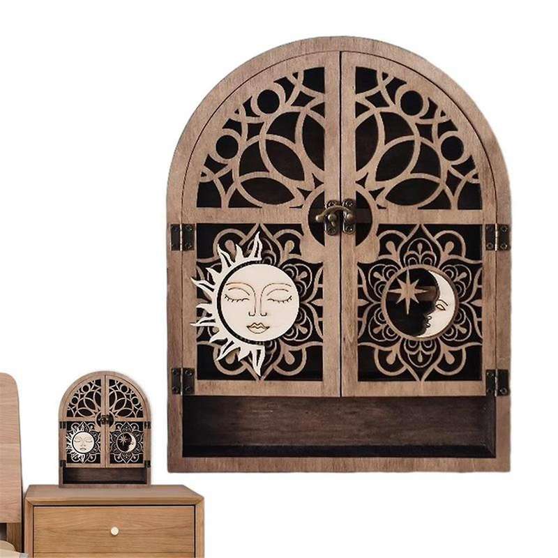 Sun Moon Crystal Display Stand 4 Shelves Natural Wooden Shelf Gothic Witchy Crystal Display Case for