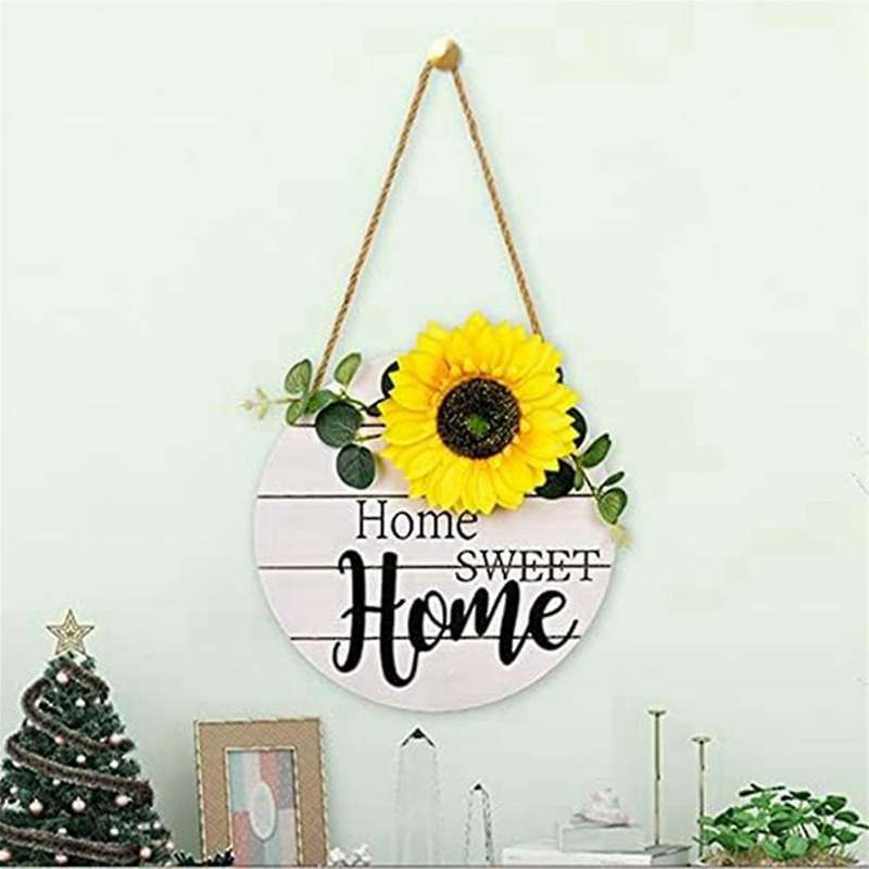 Sunflower Home Wooden Pendant Decor Wreath Sunflower Wooden Door Decoration Wooden Welcome Sign for