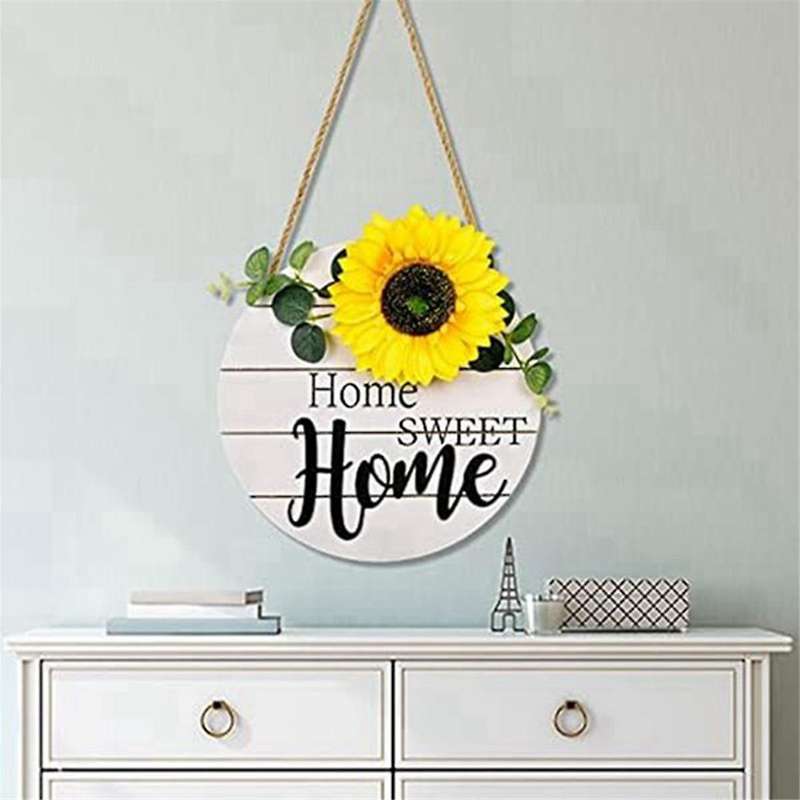 Sunflower Home Wooden Pendant Decor Wreath Sunflower Wooden Door Decoration Wooden Welcome Sign for